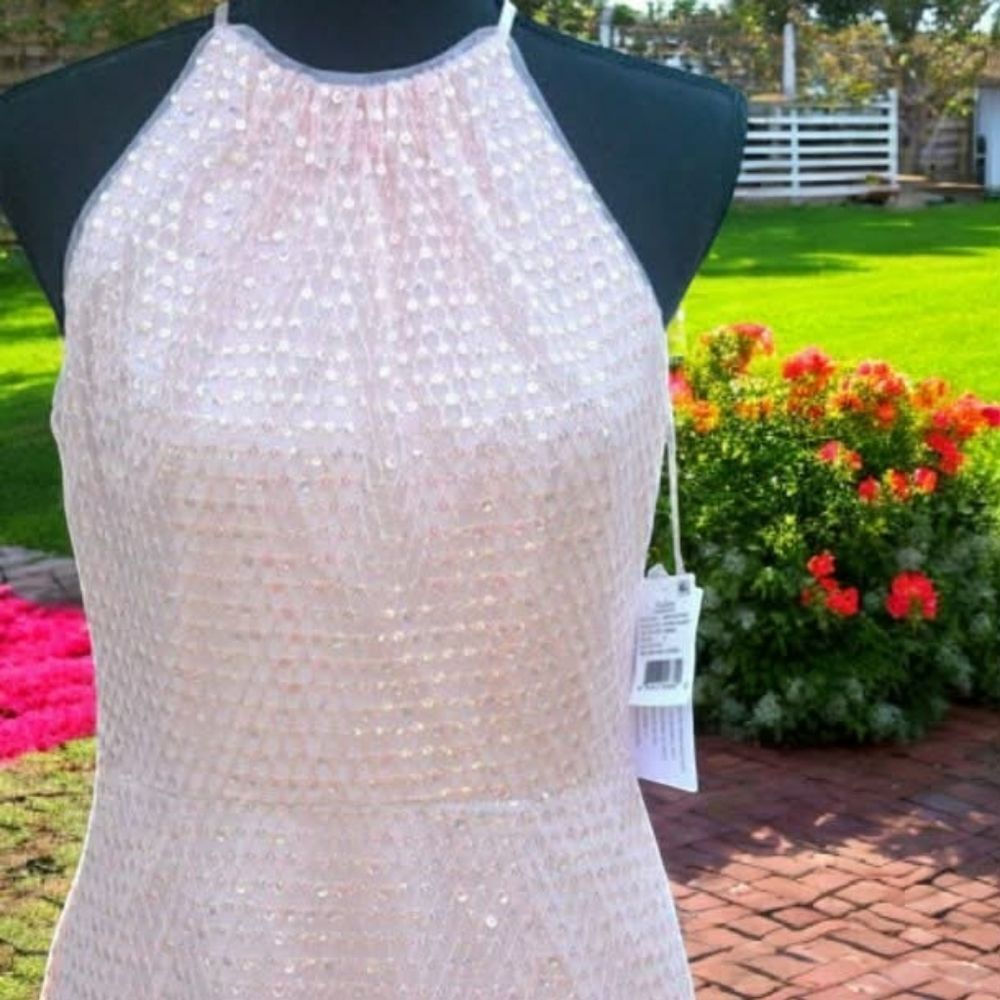 Aidan Mattox Sequined Rose Quartz Halter Midi Dress New with Tags - Picture 3 of 13
